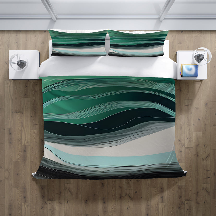 Teal Abstract Wave Layer Pattern Duvet Cover