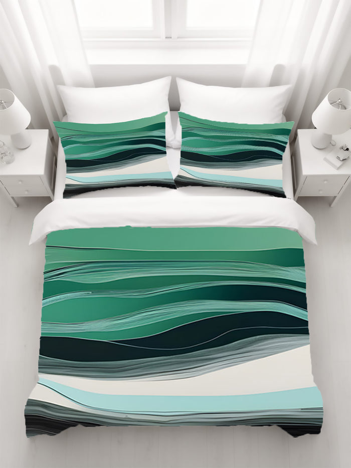 Teal Abstract Wave Layer Pattern Duvet Cover