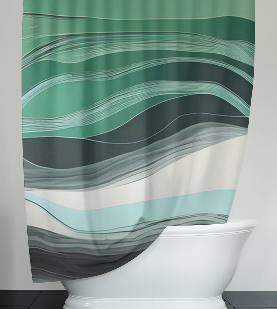 Teal Abstract Wave Layer Pattern Shower Curtain