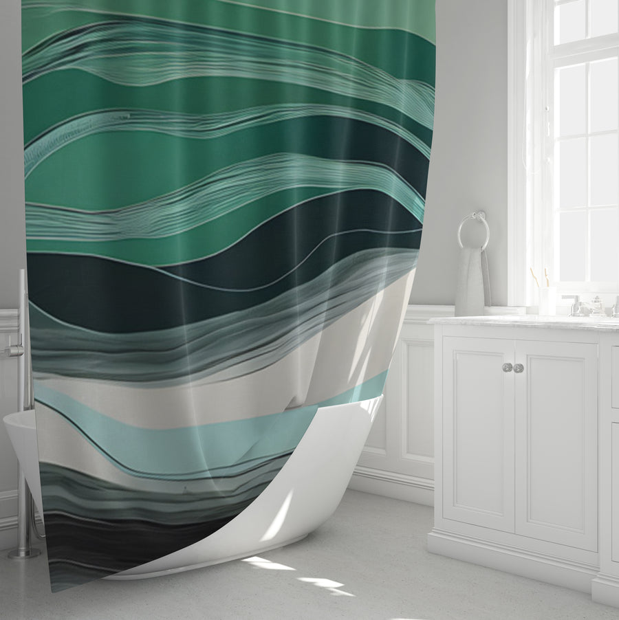 Teal Abstract Wave Layer Pattern Shower Curtain