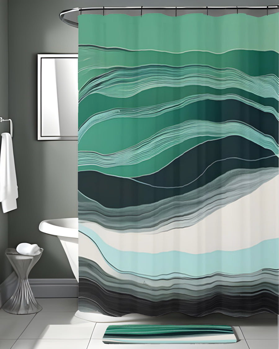 Teal Abstract Wave Layer Pattern Shower Curtain