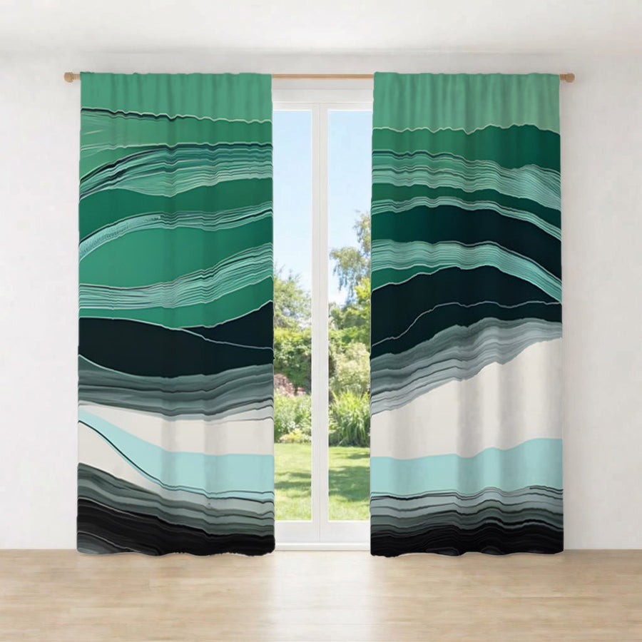 Teal Abstract Wave Layer Pattern Window Curtains