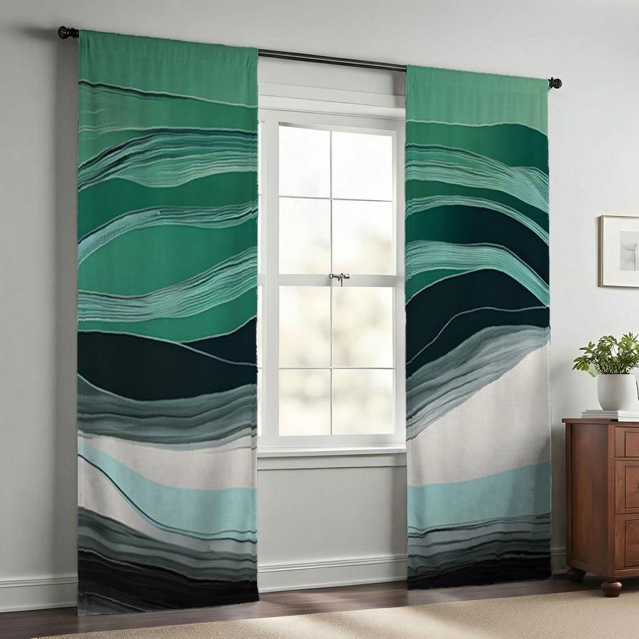Teal Abstract Wave Layer Pattern Window Curtains