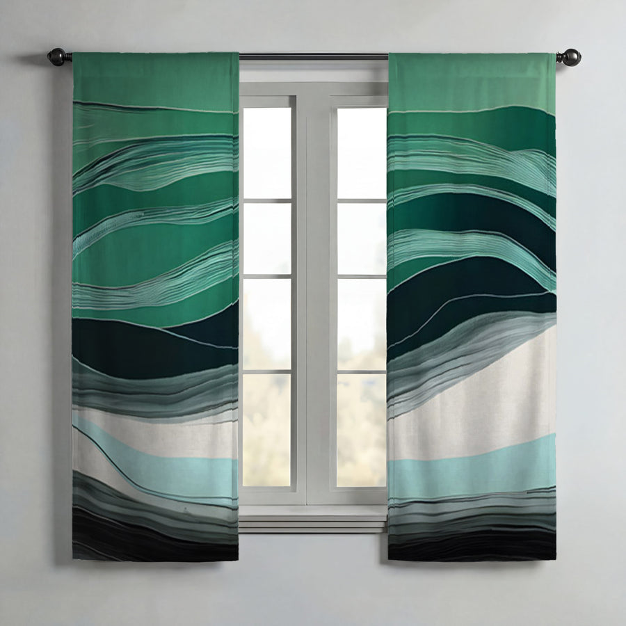 Teal Abstract Wave Layer Pattern Window Curtains