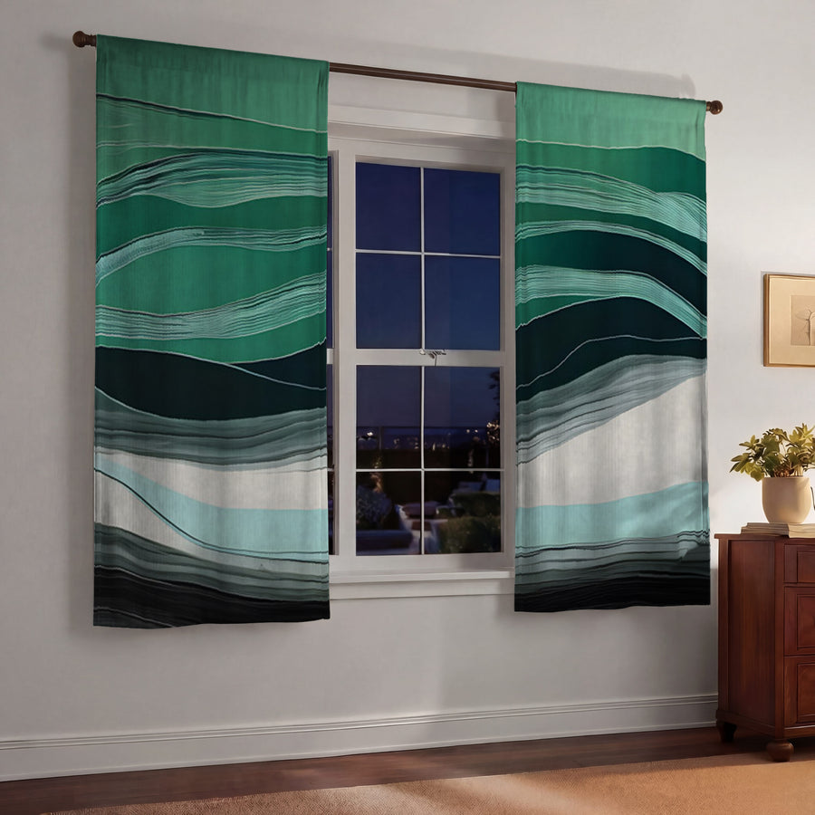Teal Abstract Wave Layer Pattern Window Curtains