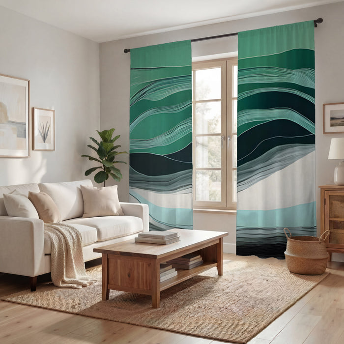 Teal Abstract Wave Layer Pattern Window Curtains