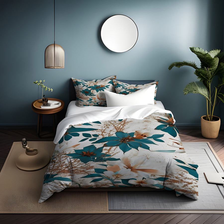 Teal and Brown Floral Botanical Pattern Duvet Cover