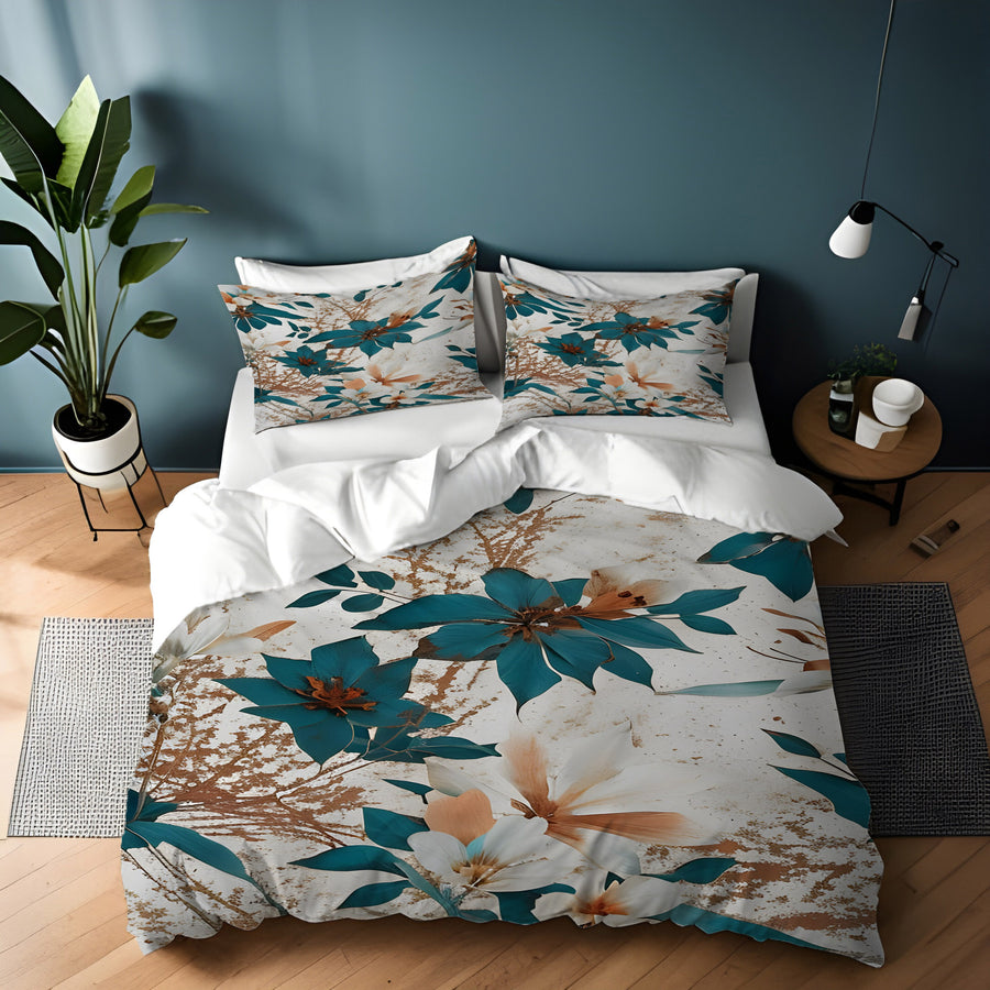 Teal and Brown Floral Botanical Pattern Duvet Cover