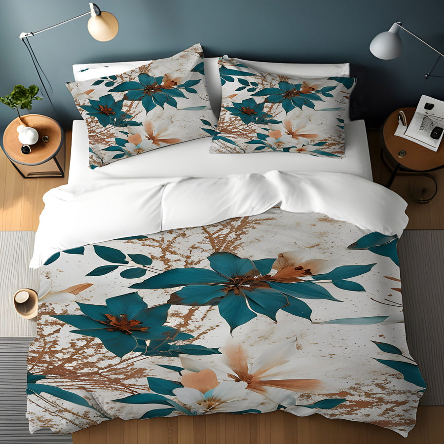Teal and Brown Floral Botanical Pattern Duvet Cover
