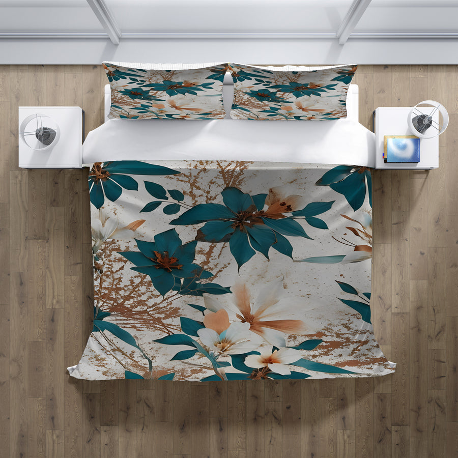 Teal and Brown Floral Botanical Pattern Duvet Cover