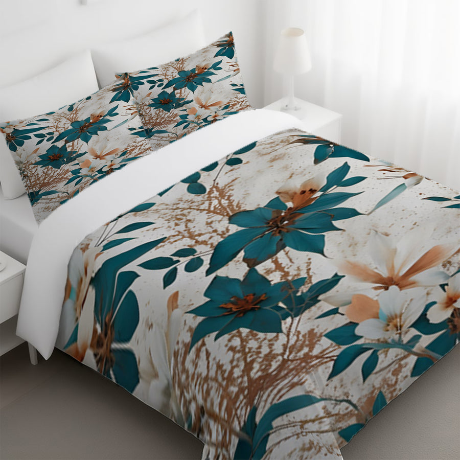 Teal and Brown Floral Botanical Pattern Duvet Cover