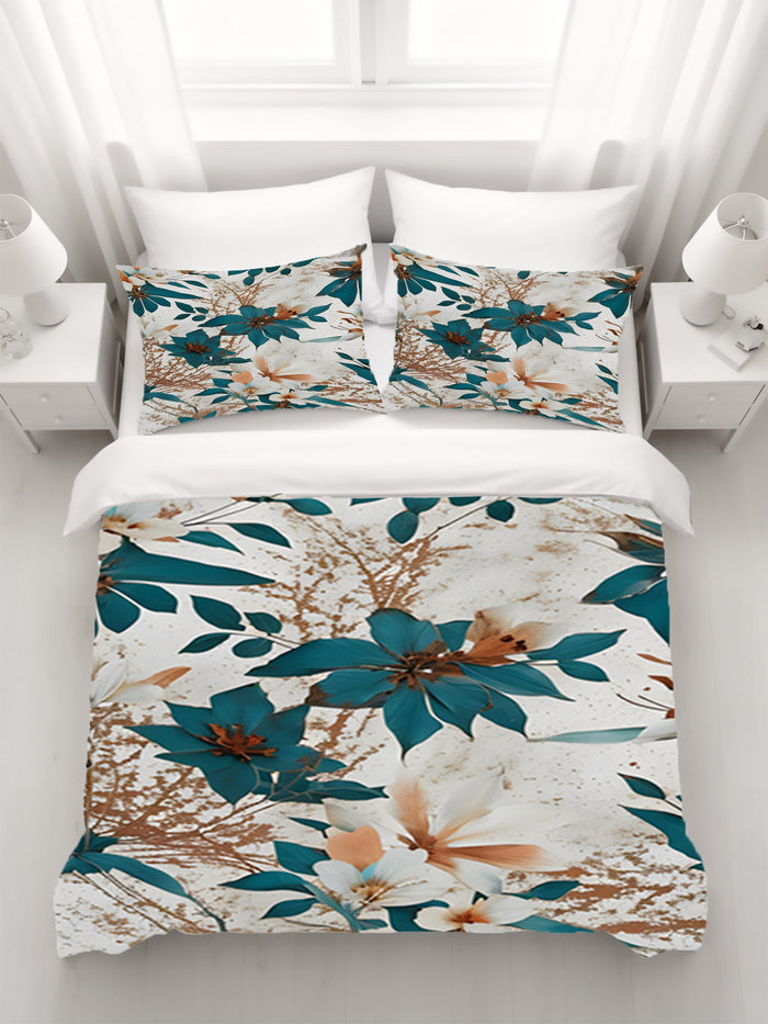 Teal and Brown Floral Botanical Pattern Duvet Cover