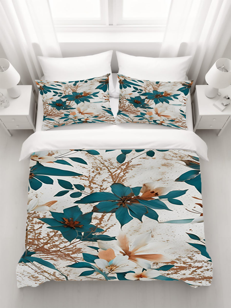 Teal and Brown Floral Botanical Pattern Duvet Cover