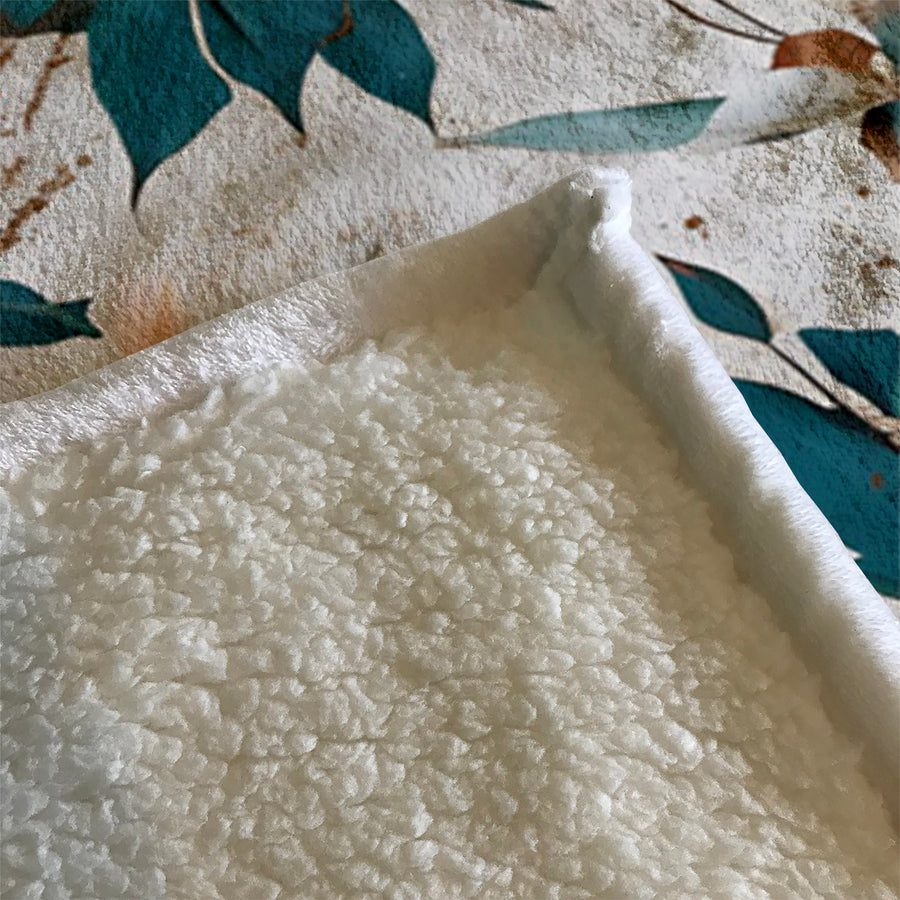 Teal and Brown Floral Botanical Pattern Fleece Sherpa Blanket