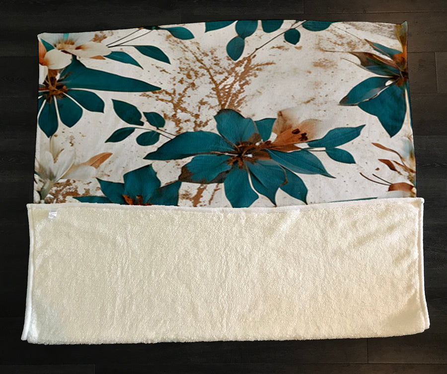 Teal and Brown Floral Botanical Pattern Fleece Sherpa Blanket