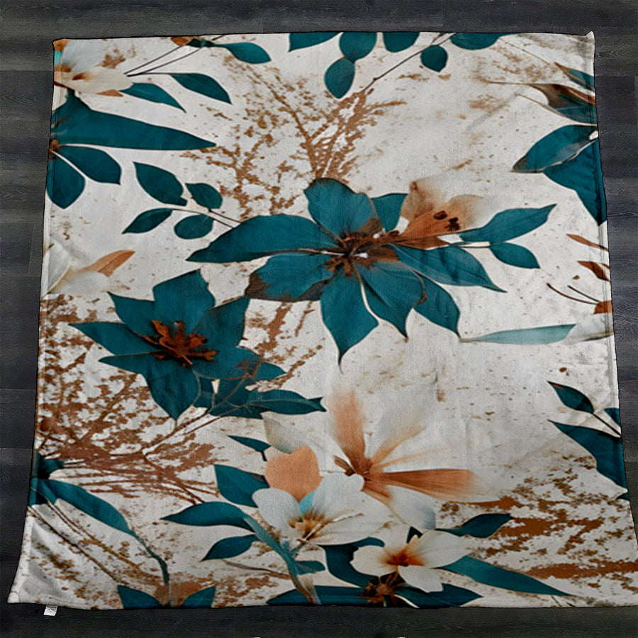 Teal and Brown Floral Botanical Pattern Fleece Sherpa Blanket