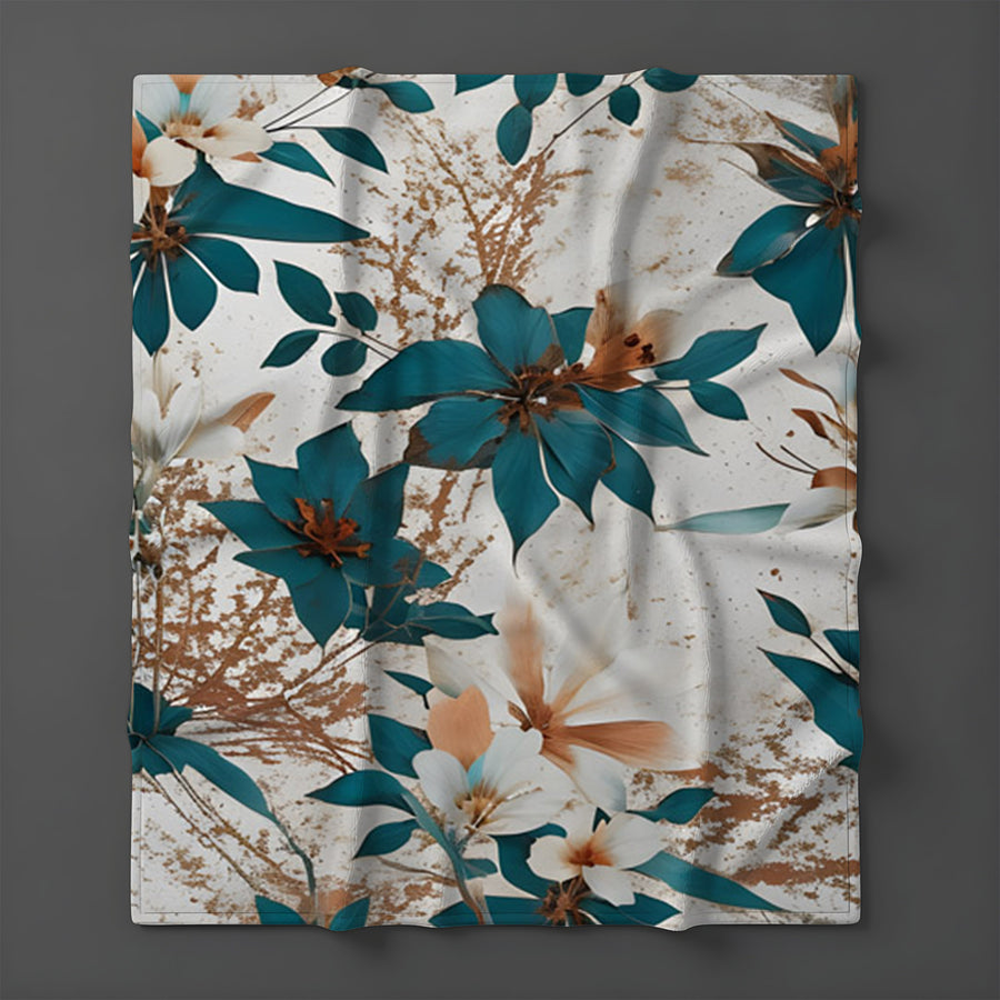 Teal and Brown Floral Botanical Pattern Fleece Sherpa Blanket
