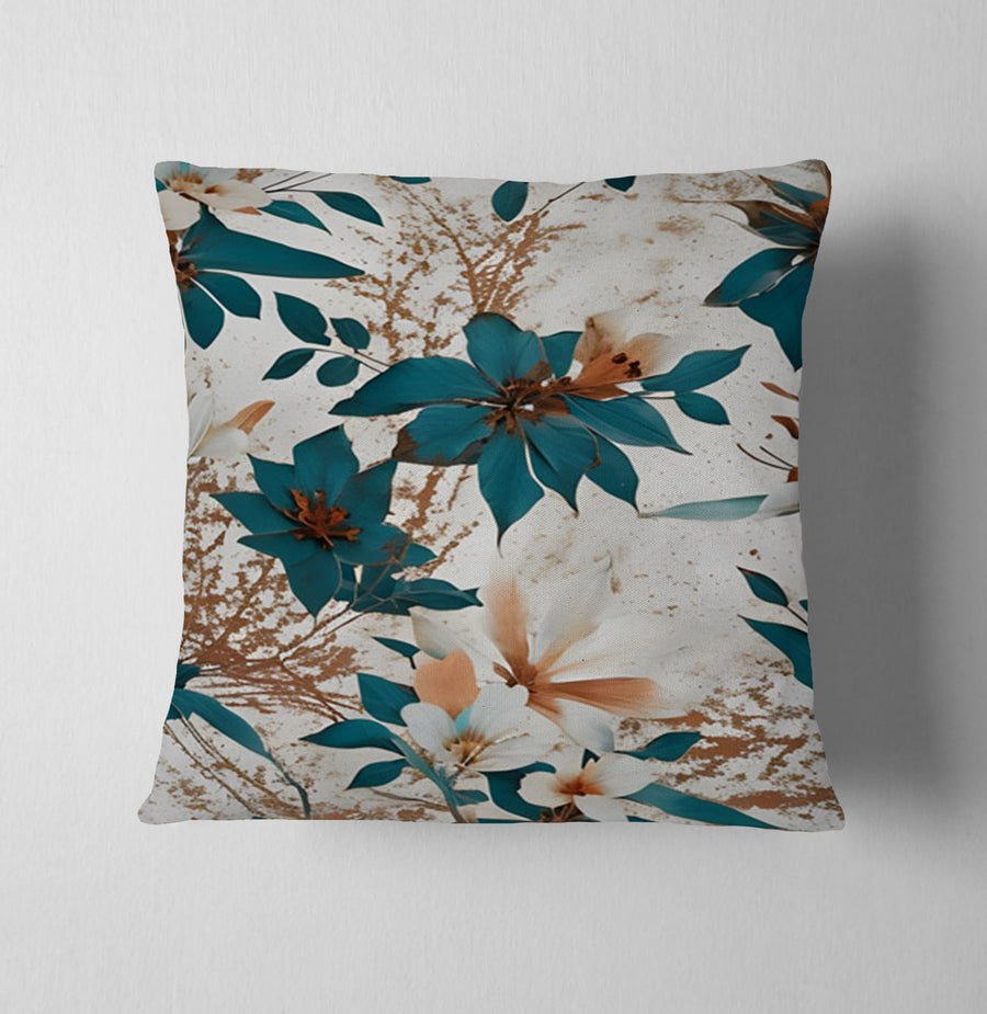 Teal and Brown Floral Botanical Pattern Throw Pillow Cover