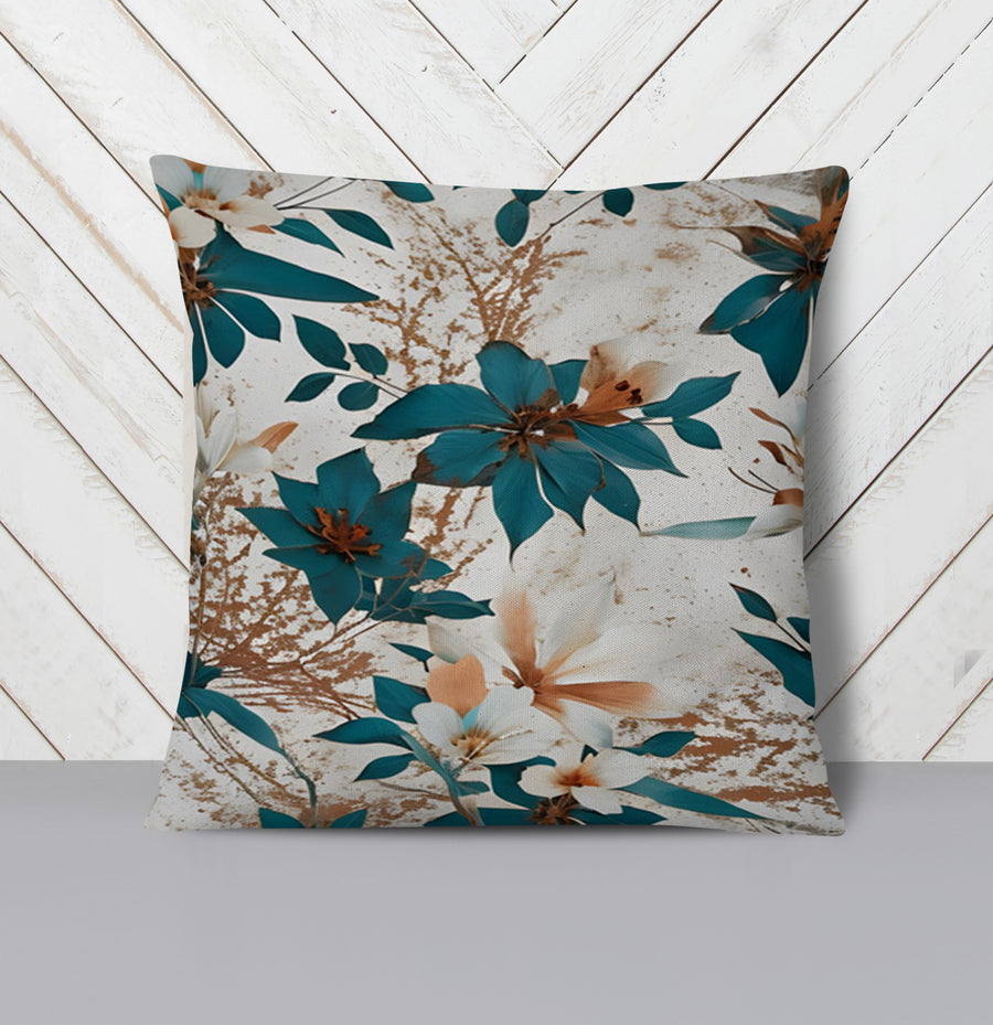 Teal and Brown Floral Botanical Pattern Throw Pillow Cover