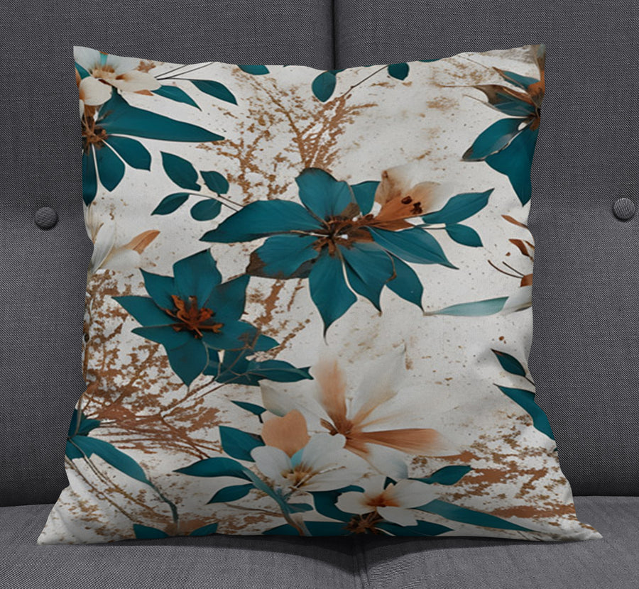 Teal and Brown Floral Botanical Pattern Throw Pillow Cover