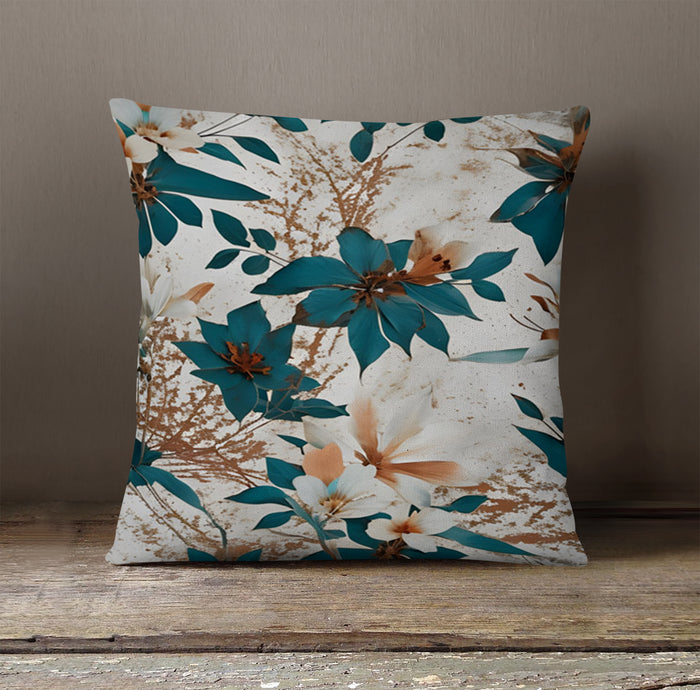 Teal and Brown Floral Botanical Pattern Throw Pillow Cover