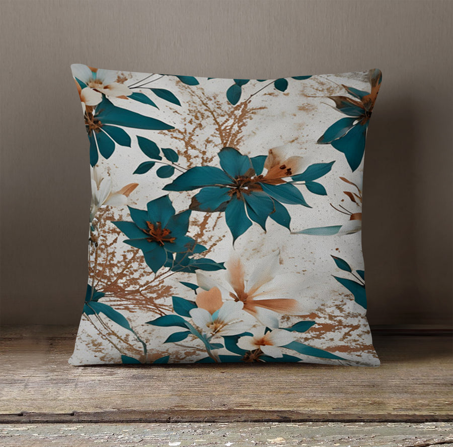 Teal and Brown Floral Botanical Pattern Throw Pillow Cover