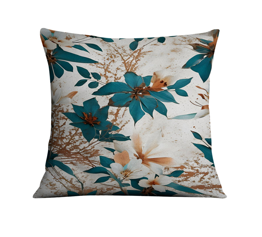 Teal and Brown Floral Botanical Pattern Throw Pillow Cover