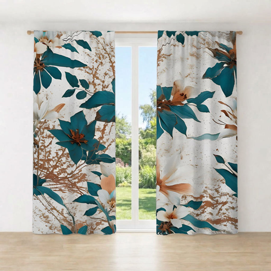 Teal and Brown Floral Botanical Pattern Window Curtains