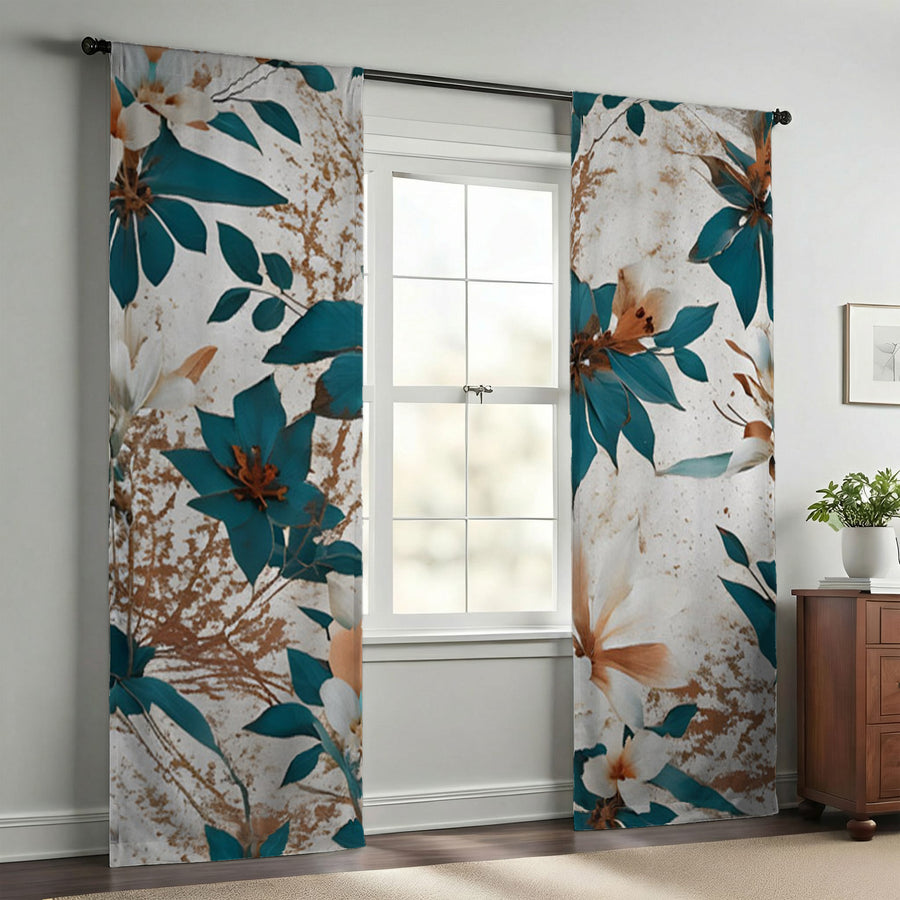 Teal and Brown Floral Botanical Pattern Window Curtains