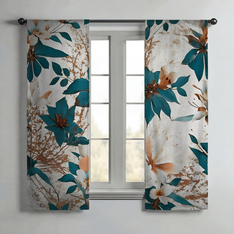 Teal and Brown Floral Botanical Pattern Window Curtains