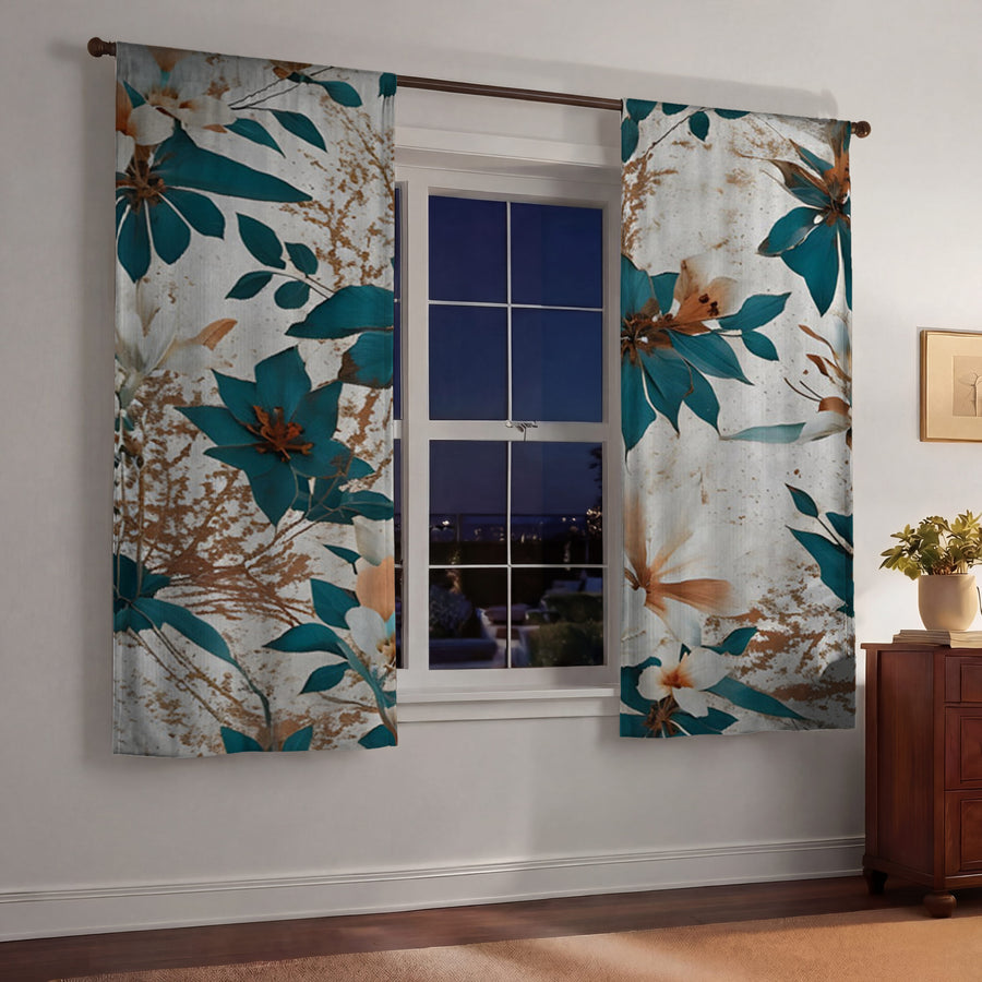 Teal and Brown Floral Botanical Pattern Window Curtains