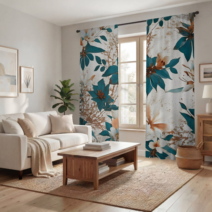Teal and Brown Floral Botanical Pattern Window Curtains