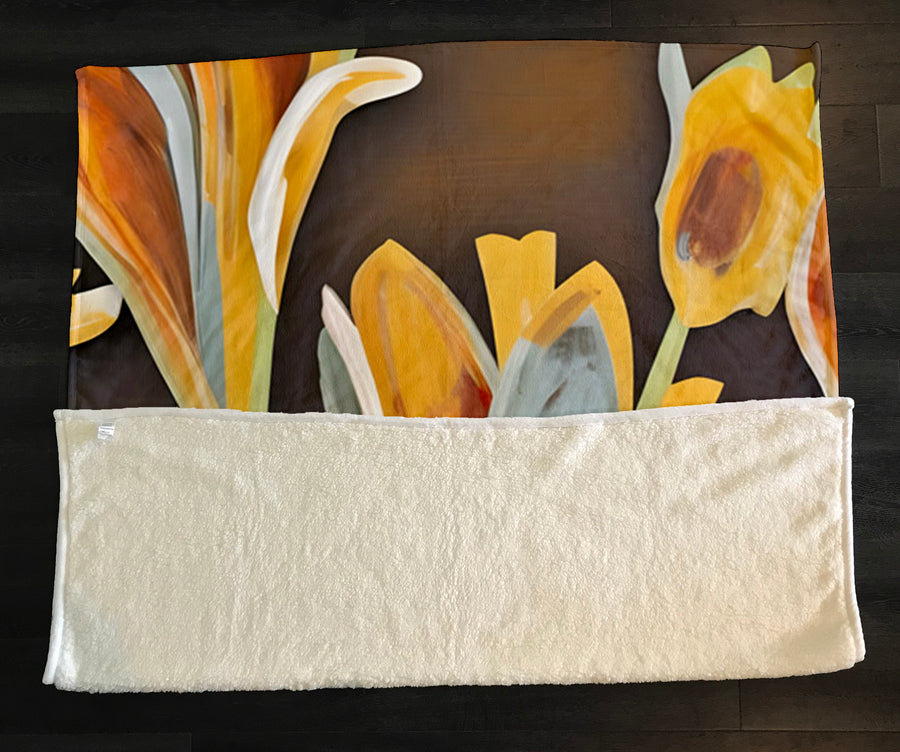 Yellow Floral Botanical Artwork Fleece Sherpa Blanket