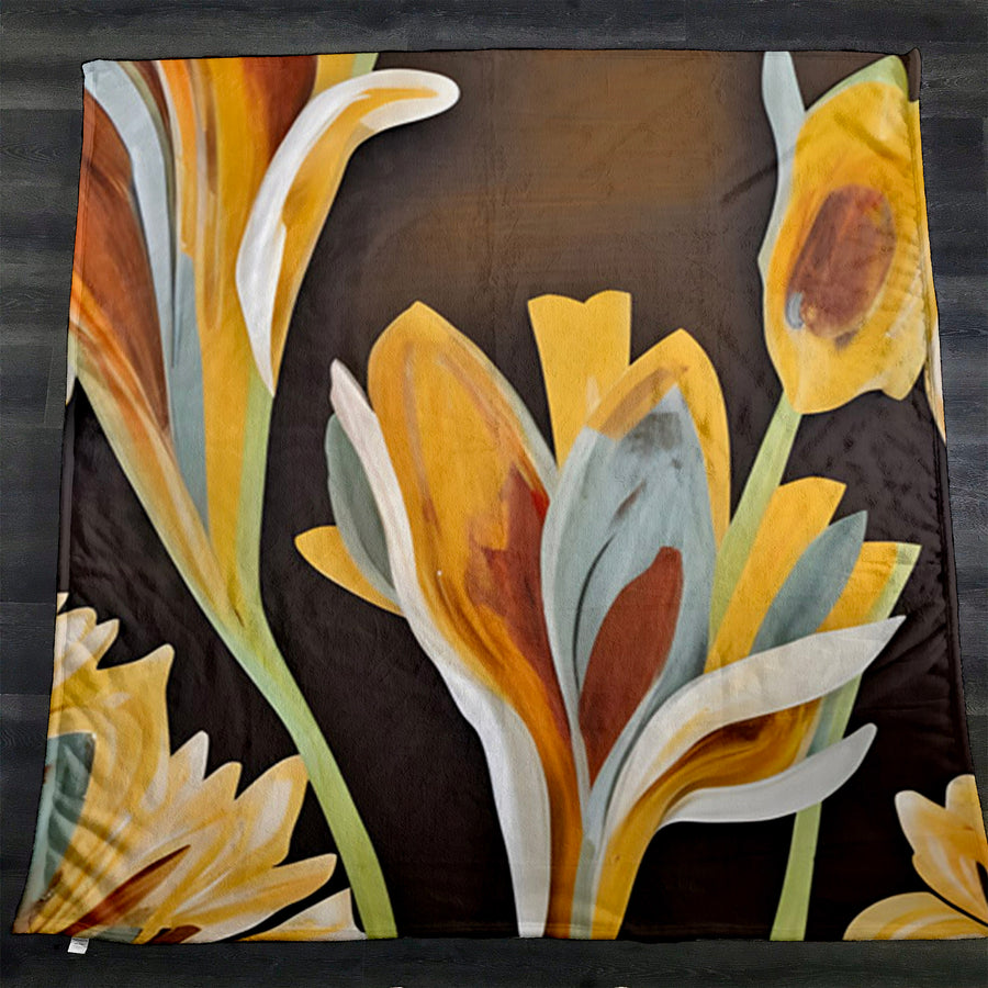 Yellow Floral Botanical Artwork Fleece Sherpa Blanket