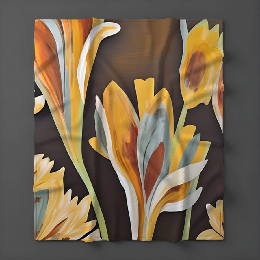 Yellow Floral Botanical Artwork Fleece Sherpa Blanket