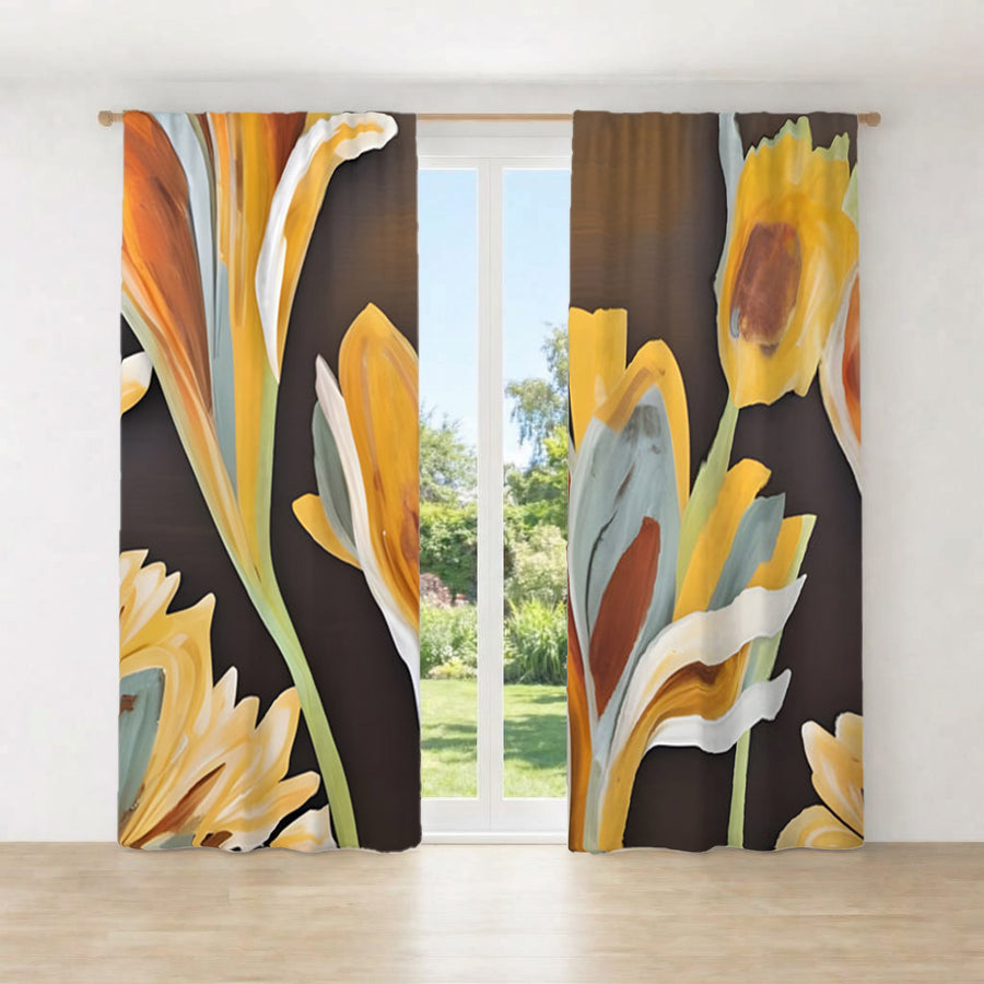 Yellow Floral Botanical Artwork Window Curtains