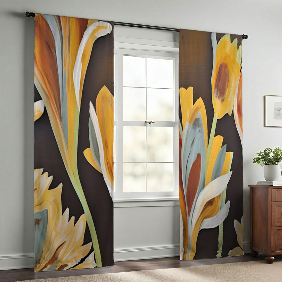 Yellow Floral Botanical Artwork Window Curtains