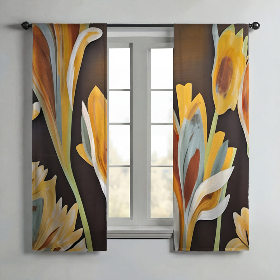Yellow Floral Botanical Artwork Window Curtains