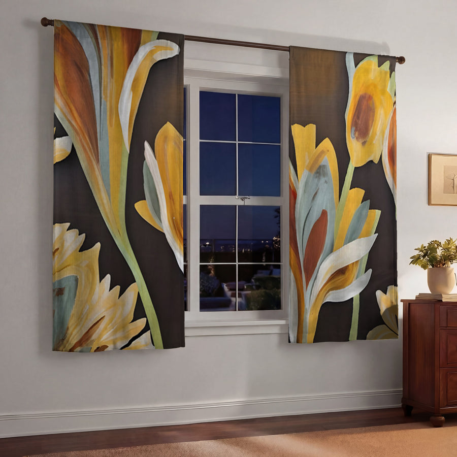Yellow Floral Botanical Artwork Window Curtains