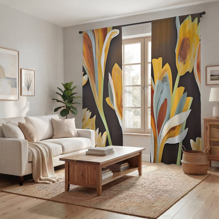 Yellow Floral Botanical Artwork Window Curtains