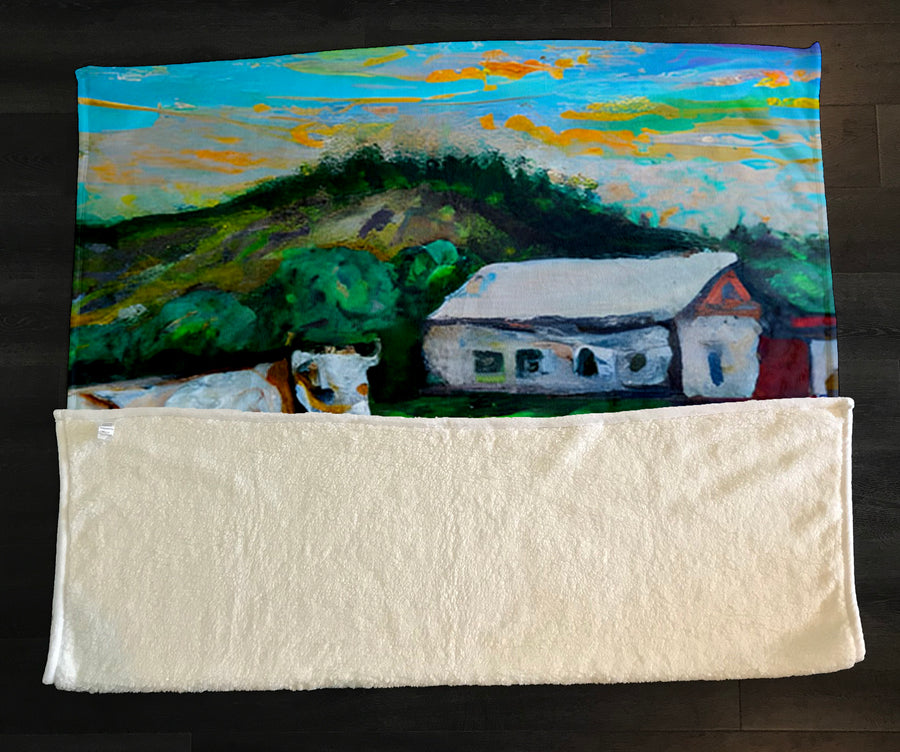 Green Farm Pastoral Landscape Artwork Fleece Sherpa Blanket