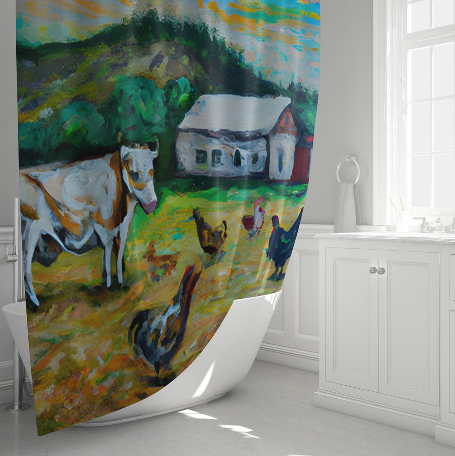 Green Farm Pastoral Landscape Artwork Shower Curtain