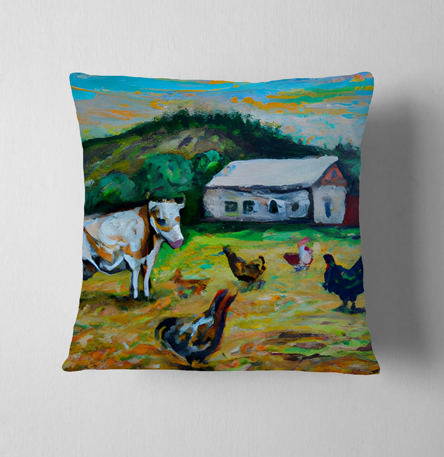 Green Farm Pastoral Landscape Artwork Throw Pillow Cover