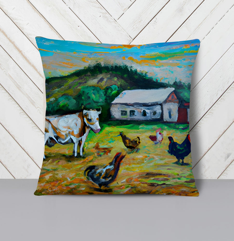 Green Farm Pastoral Landscape Artwork Throw Pillow Cover