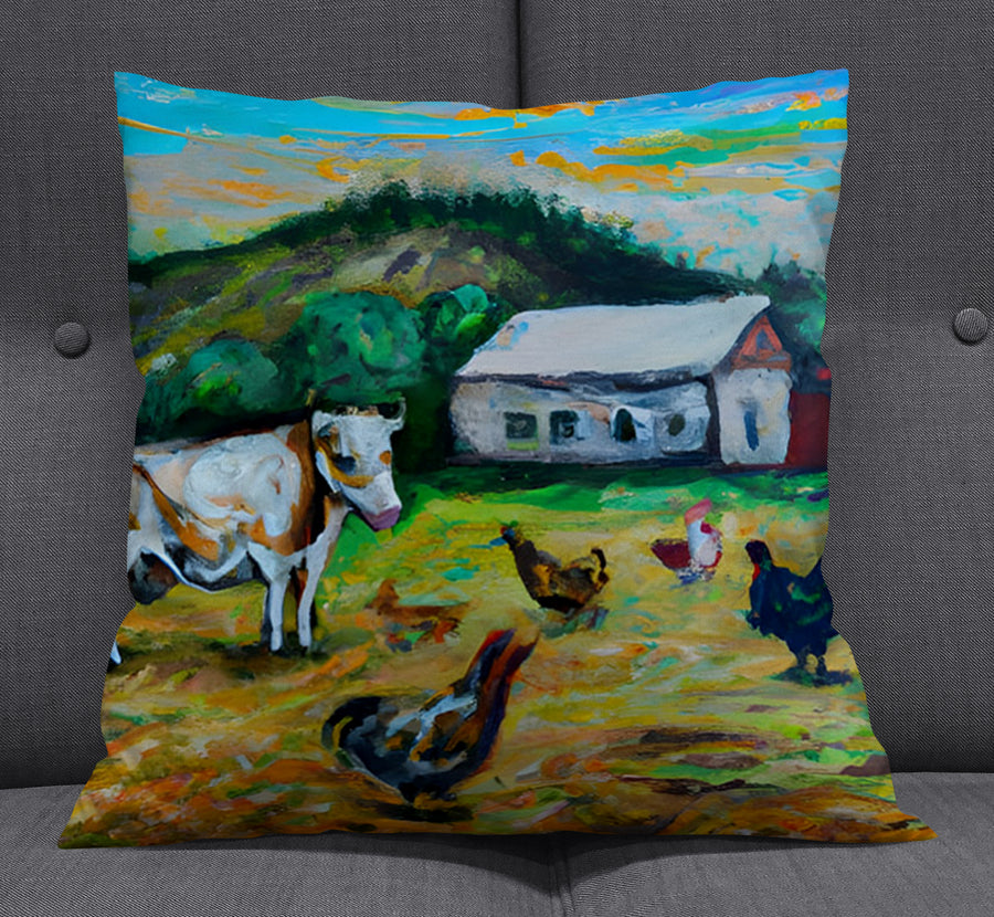 Green Farm Pastoral Landscape Artwork Throw Pillow Cover