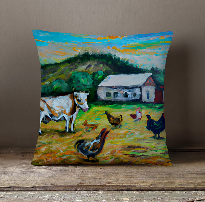 Green Farm Pastoral Landscape Artwork Throw Pillow Cover