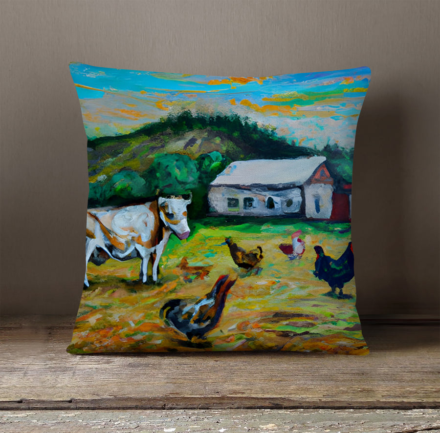 Green Farm Pastoral Landscape Artwork Throw Pillow Cover