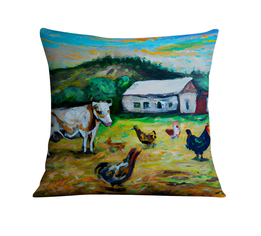 Green Farm Pastoral Landscape Artwork Throw Pillow Cover