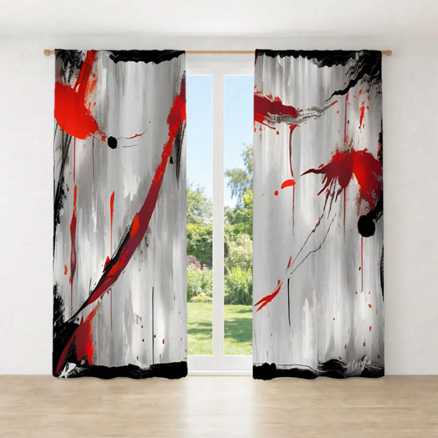 Red Abstract Brushstroke Texture Pattern Window Curtains