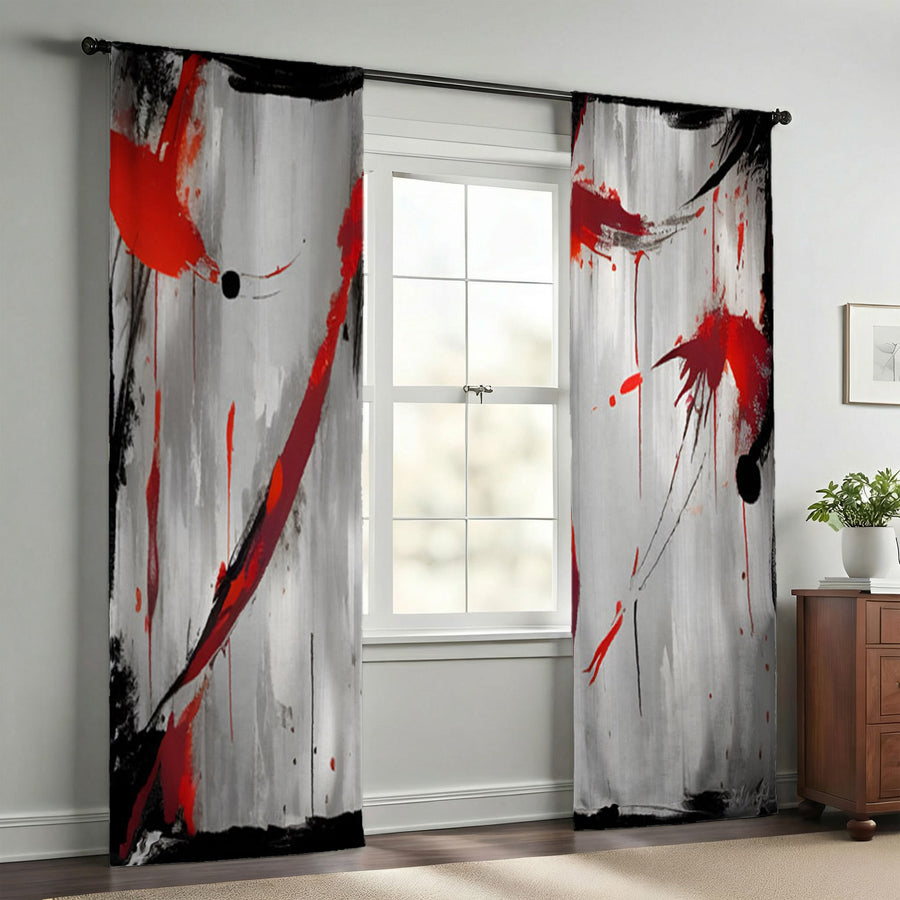 Red Abstract Brushstroke Texture Pattern Window Curtains